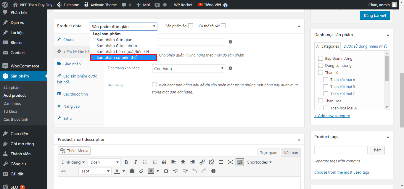 huong dan quan ly san pham co bien the trong wordpress