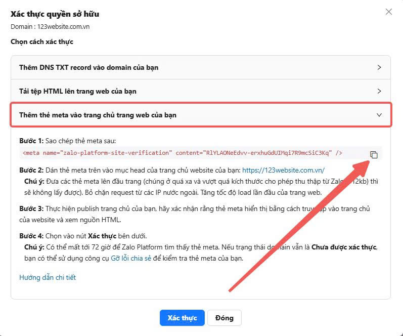 xác thực domain bằng cách thêm thẻ meta